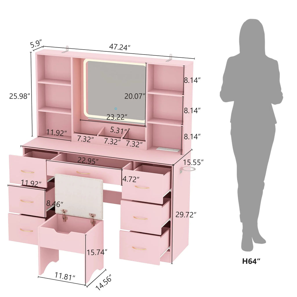 47" Large Vanity Desk with LED Lighted Mirror & Power Outlet & 7 Drawers, Makeup Vanity Table Set with Storage Stool and Hair Dryer Rack, Pink