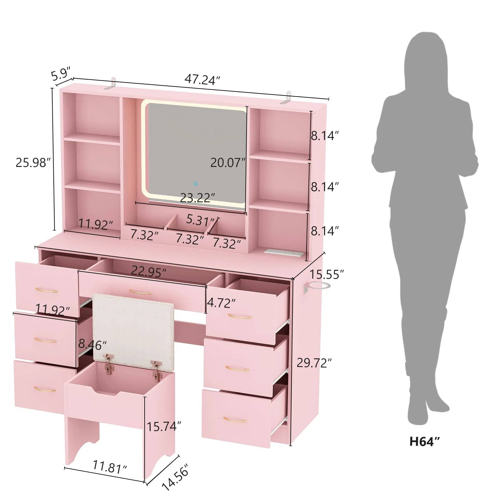 47" Large Vanity Desk with LED Lighted Mirror & Power Outlet & 7 Drawers, Makeup Vanity Table Set with Storage Stool and Hair Dryer Rack, Pink