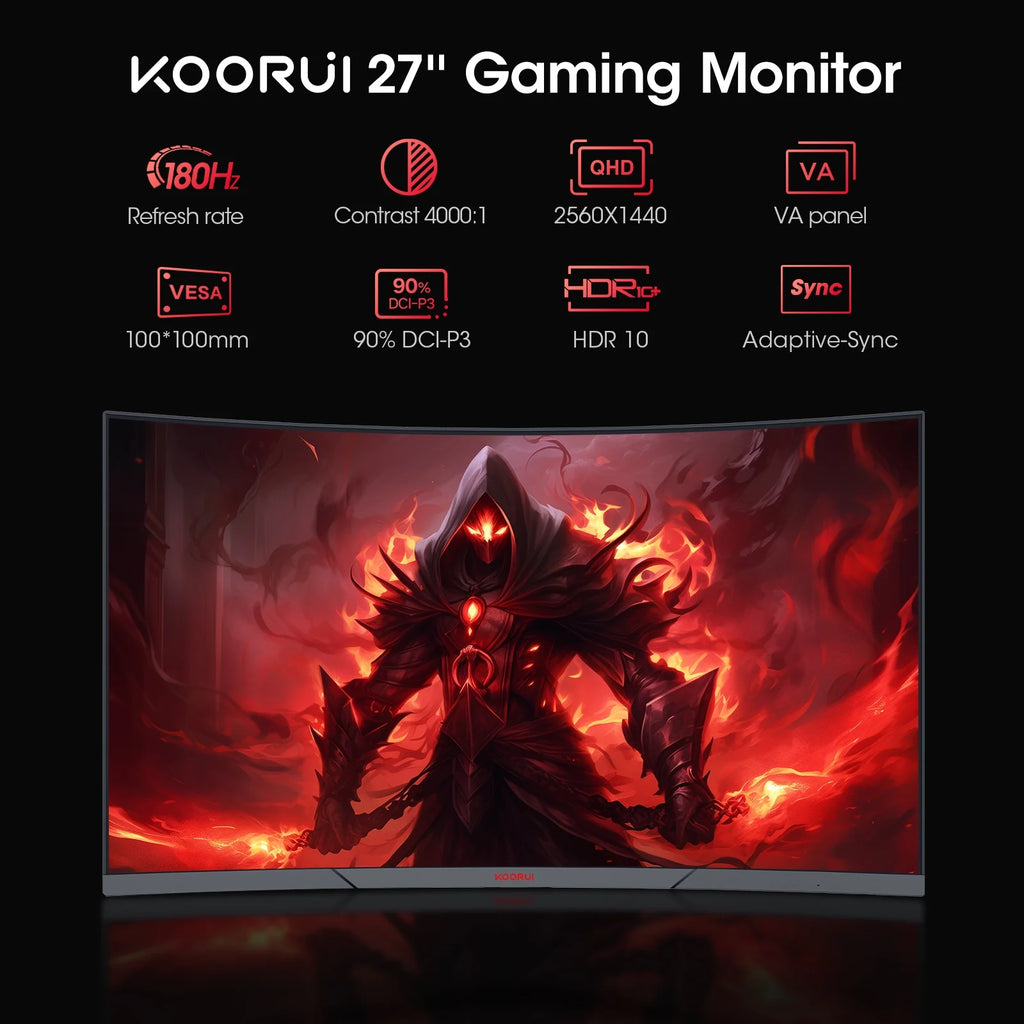 27 Inch 2K Curved Gaming Monitor, 180Hz QHD Computer Monitor, 1Ms Adaptive-Sync, Hdmi/Displayport, 27E6QCA