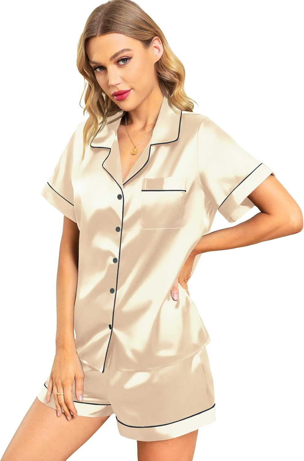 Silk Pajamas for Women Button down Pajamas Satin PJ Set Soft Sleepwear