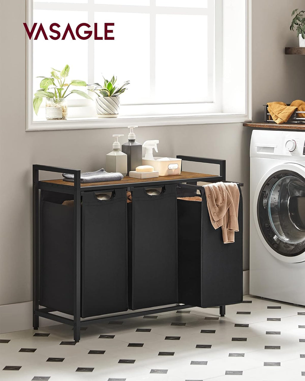 Laundry Hamper, Laundry Basket, Laundry Sorter with 3 Pull-Out and Removable Bags, Shelf, Metal Frame, 3 X 10.6 Gallons (40 L), 36.4 X 13 X 28.4 Inches, Ink Black and Rustic Brown UBLH301B01
