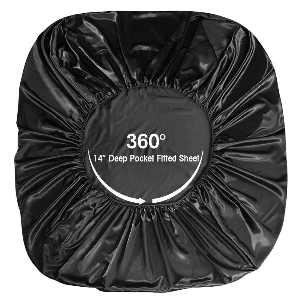 Satin Sheets Twin Silk Sheets Black Bed Sheet Set Deep Pocket Bed Flat Fitted Sheet, 3-Pieces