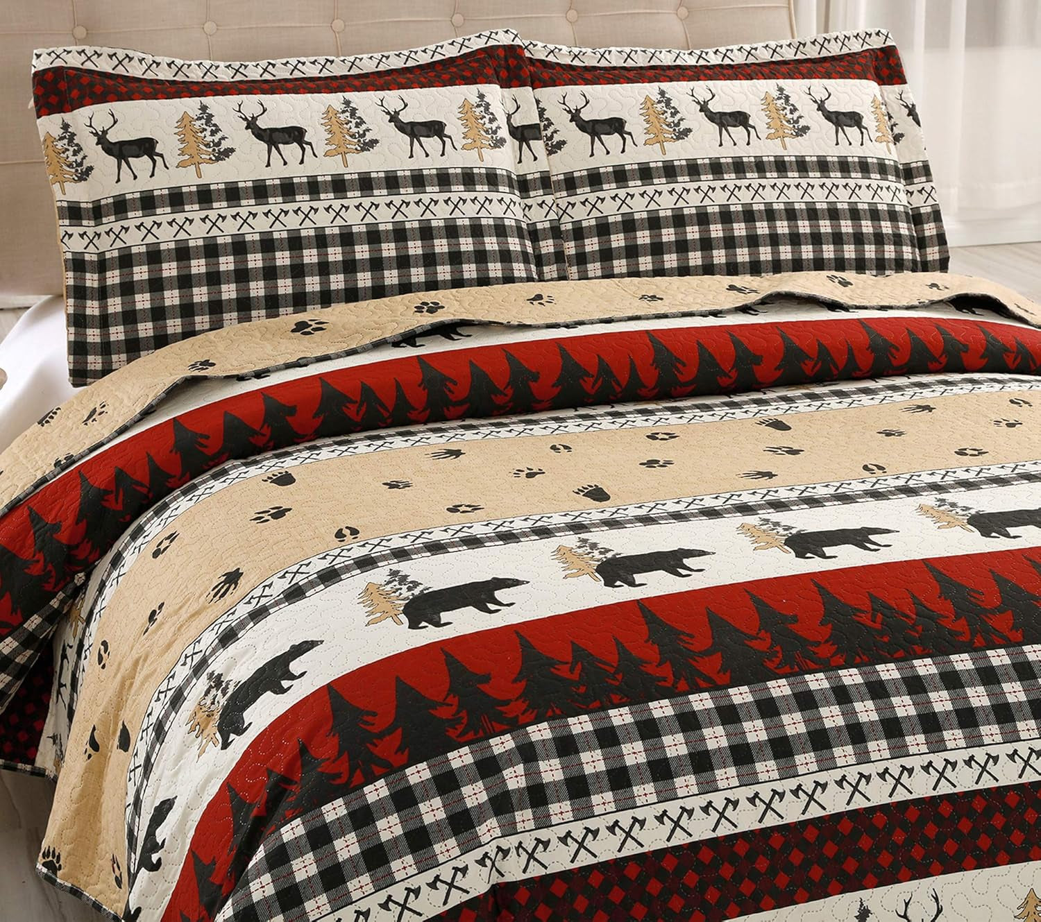 Rustic Quilt Bedding Set King Size Bedspread Coverlet Country Quilts Lodge Cabin Bedding Black White Buffalo Plaid Quilts Forest Elk Moose Lightweight Reversible Quilt Bed Spread with 2 Pillow Shams