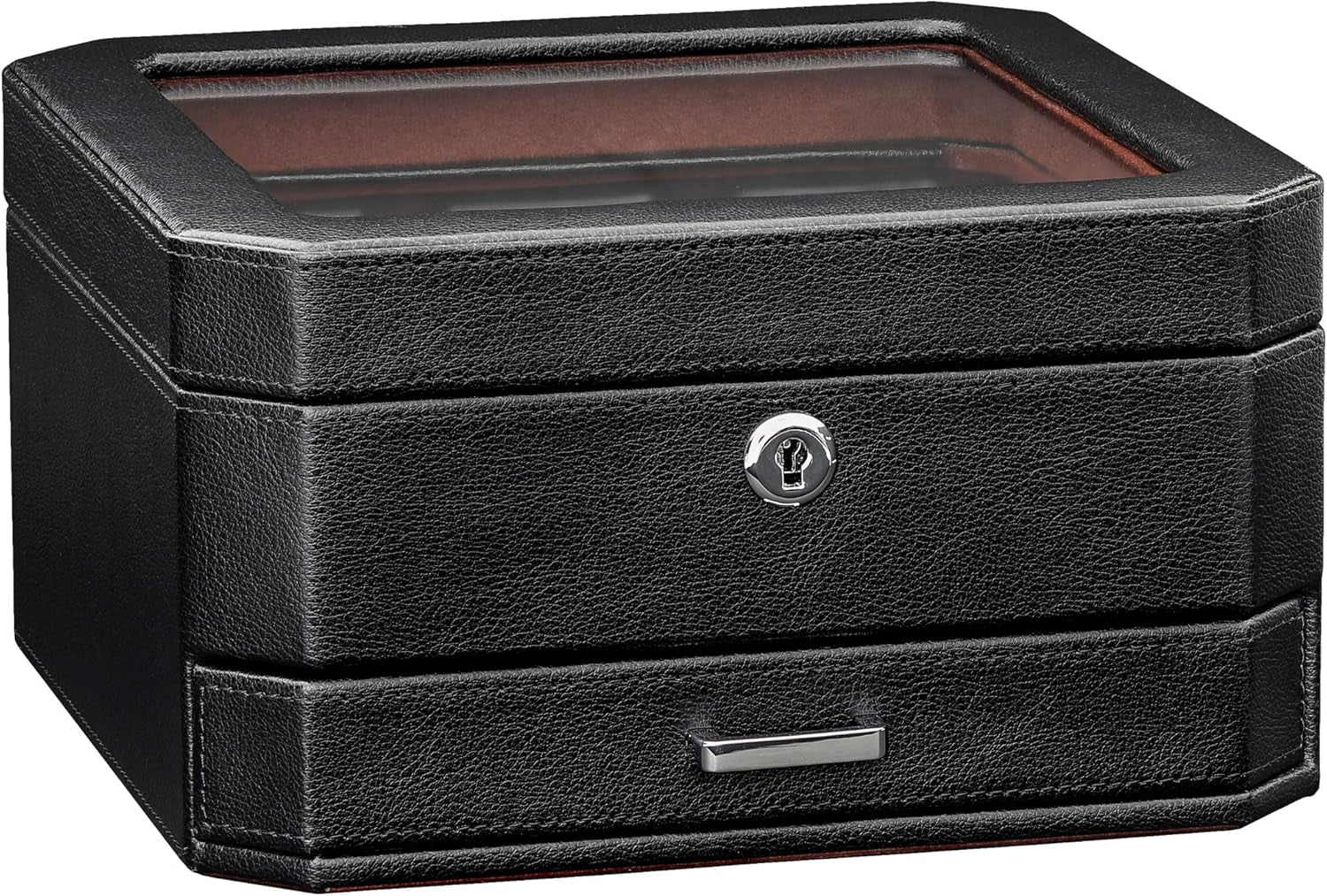 6 Slot Leather Watch Box with Valet Drawer - Luxury Watch Case Display Organizer, Microsuede Liner, Locking Mens Jewelry Watches Holder, Men'S Storage Boxes Holder Large Glass Top (Black/Red)