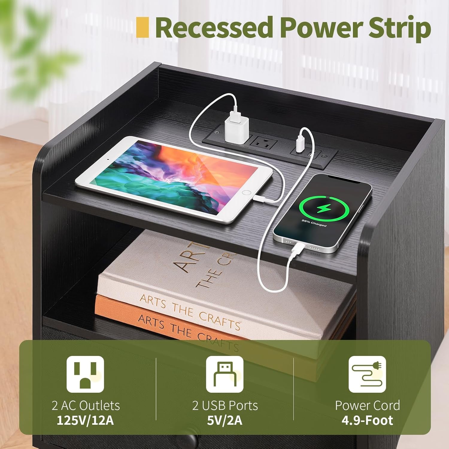 Nightstand with Charging Station, Modern Night Stand with LED Lights, Wood Night