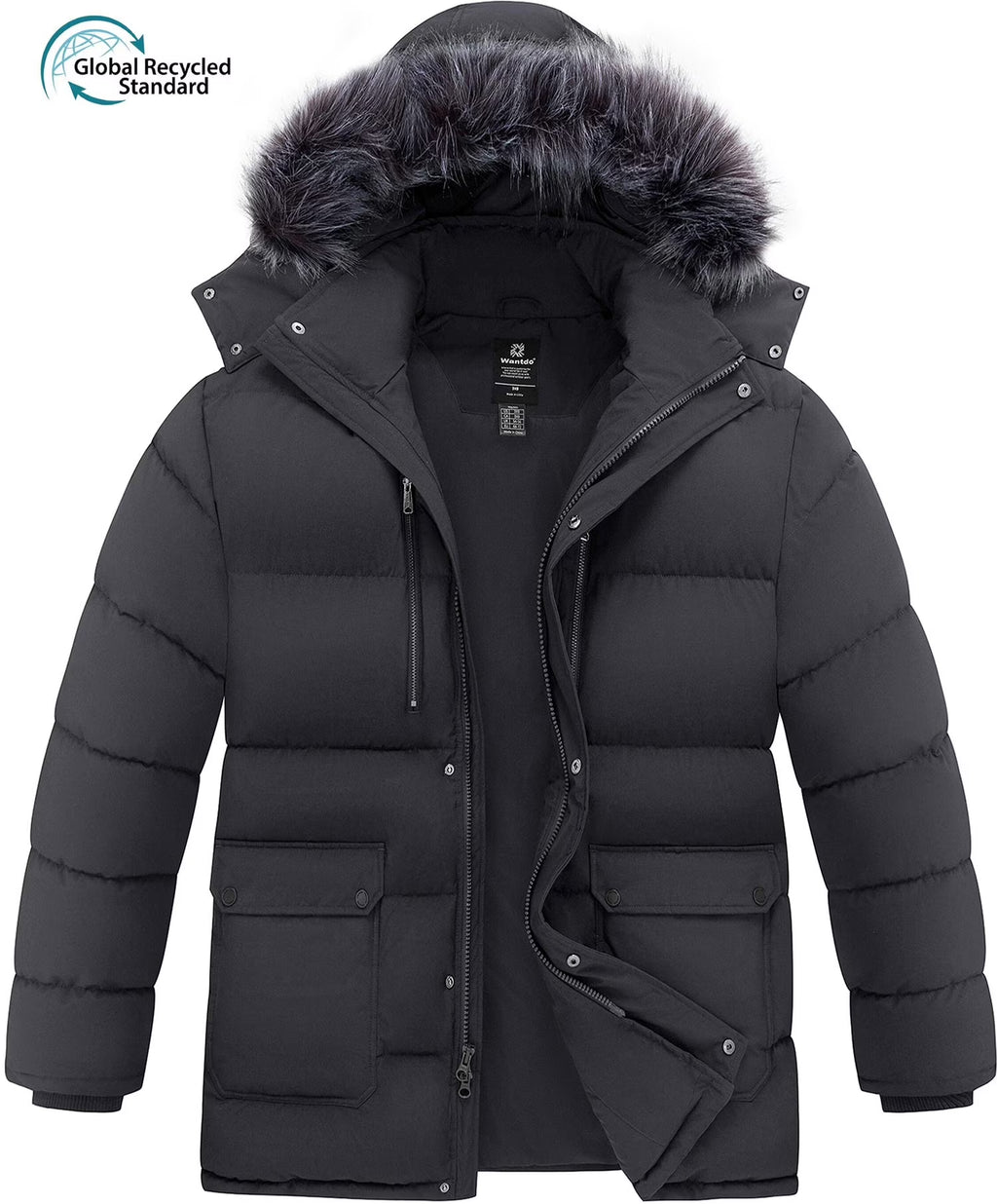 Men'S plus Size Recycled Winter Parka Jacket Outerwear Insulated Quilted Winter Coat with Faux Fur Hood Dark Gray 3XL