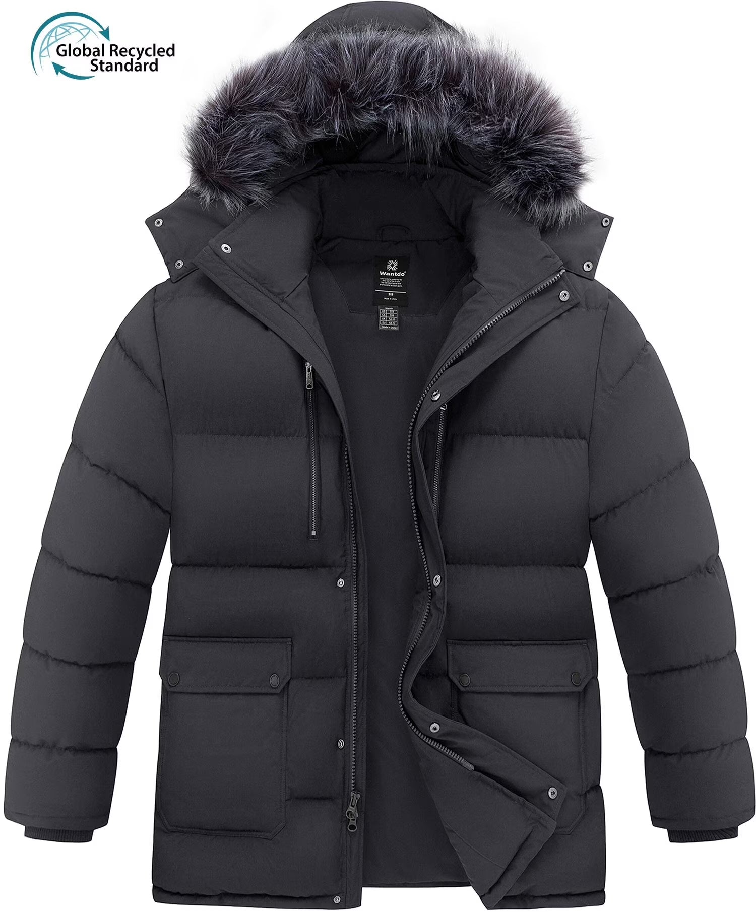 Men'S plus Size Recycled Winter Parka Jacket Outerwear Insulated Quilted Winter Coat with Faux Fur Hood Dark Gray 3XL