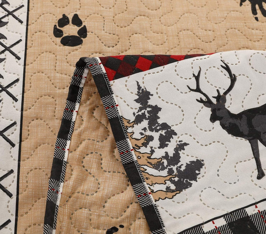 Rustic Quilt Bedding Set King Size Bedspread Coverlet Country Quilts Lodge Cabin Bedding Black White Buffalo Plaid Quilts Forest Elk Moose Lightweight Reversible Quilt Bed Spread with 2 Pillow Shams