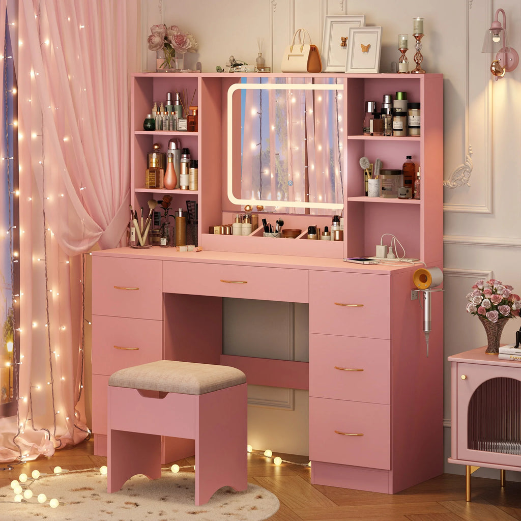 47" Large Vanity Desk with LED Lighted Mirror & Power Outlet & 7 Drawers, Makeup Vanity Table Set with Storage Stool and Hair Dryer Rack, Pink