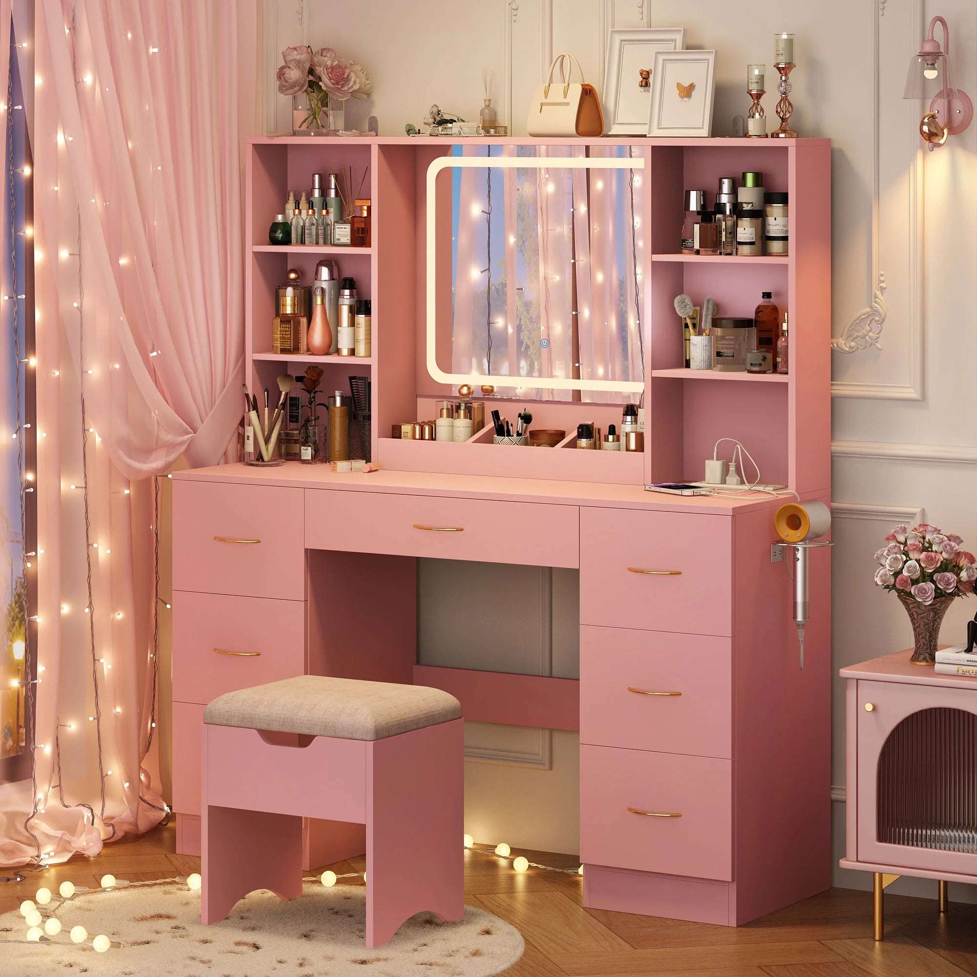 47" Large Vanity Desk with LED Lighted Mirror & Power Outlet & 7 Drawers, Makeup Vanity Table Set with Storage Stool and Hair Dryer Rack, Pink