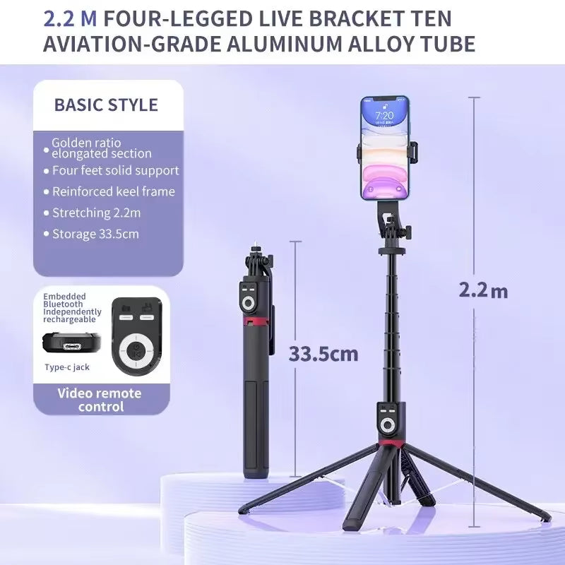 Bluetooth Selfie Stick 2.2M Tripod Camera Stick with Remote Control for Livestream Selfie Photography with Fill Light