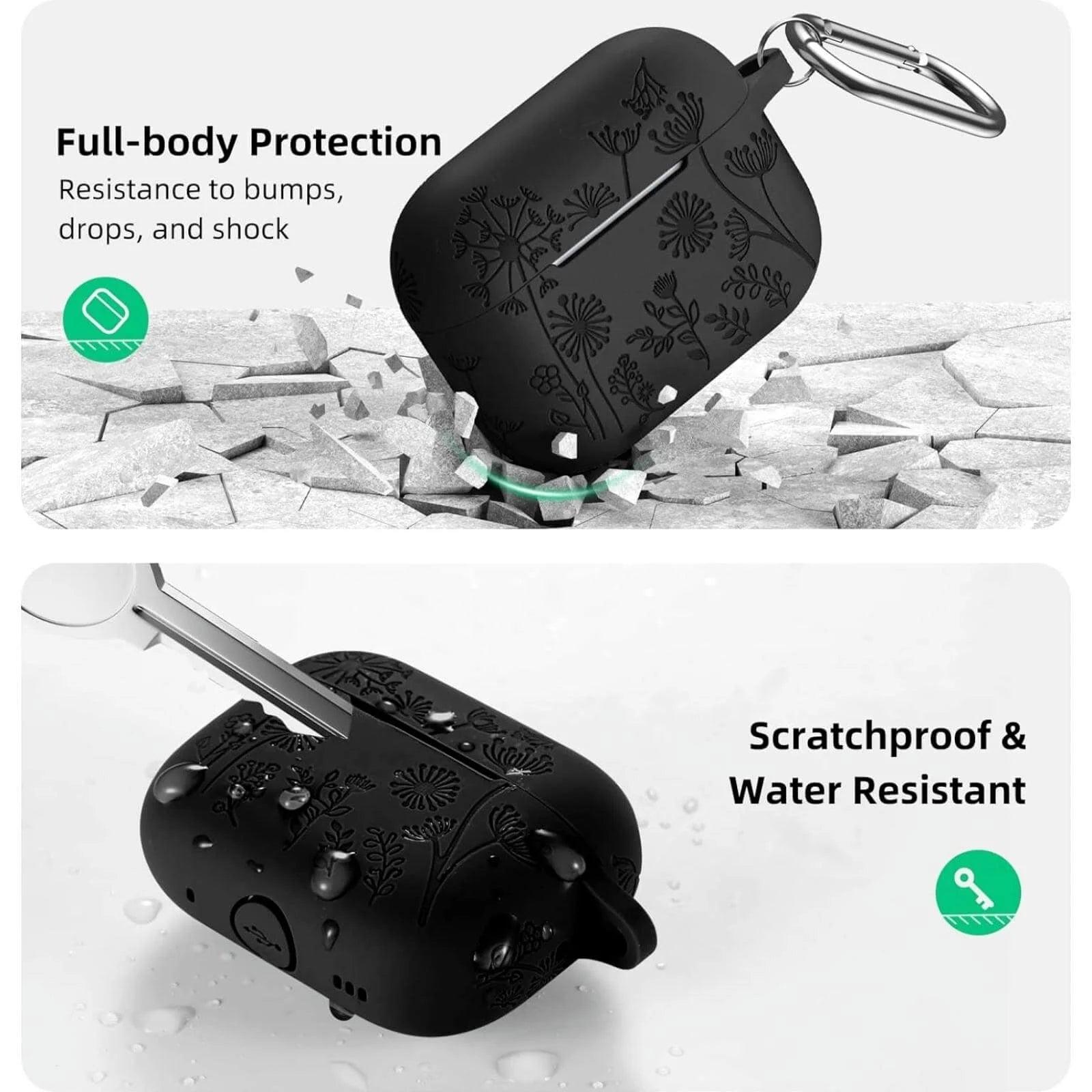 for Airpods Pro 2 Case, Flower Engraved Silicone Protective Case for Apple Airpod Pro 2Nd/1St Generation Case with Keychain for Women Men, Black
