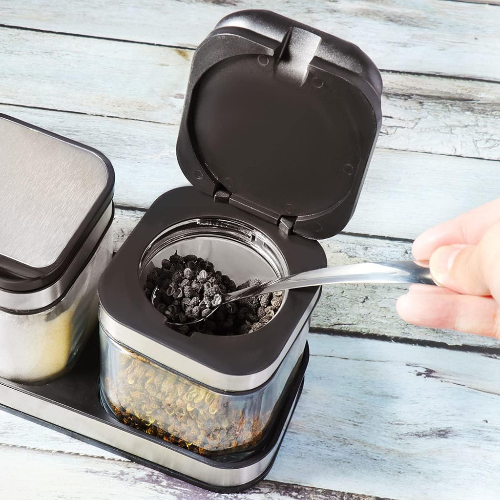 Condiment Seal Jar Spice Container with Lids and Spoons，Clear Glass Condiment Canisters Pots Seasoning Box Salt Container Sugar Bowl Set of .Used in Kitchen, Coffee Table,Set of 3