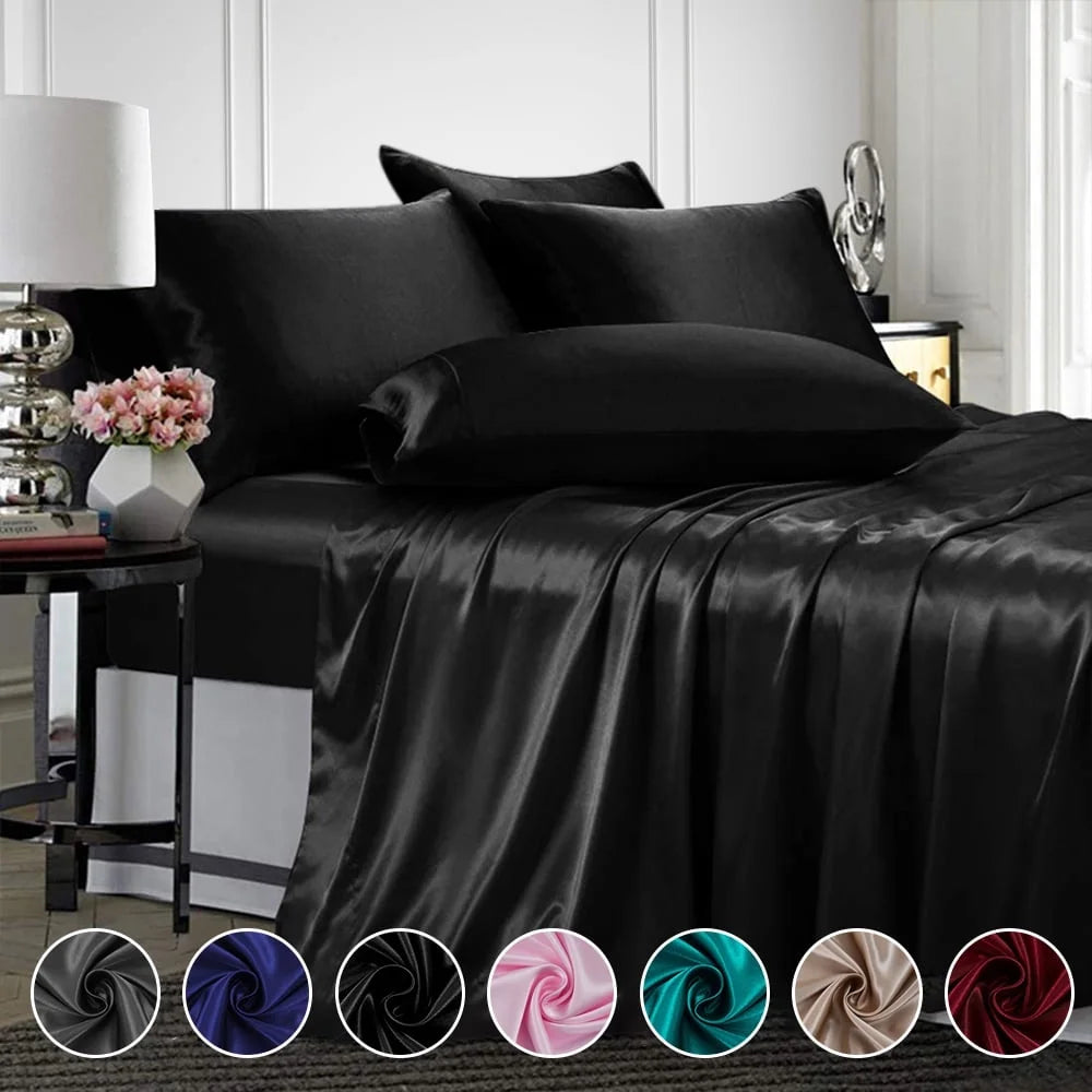 Satin Sheets Twin Silk Sheets Black Bed Sheet Set Deep Pocket Bed Flat Fitted Sheet, 3-Pieces