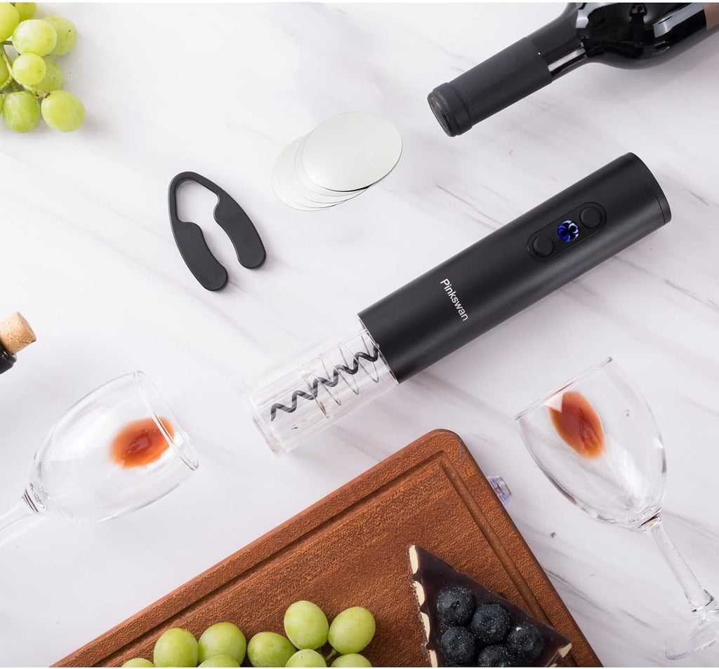 Electric Wine Opener Gift Kit for Wine Lover, Cordless Bottle Opener Automatic Corkscrew for Wine Enthusiast, Set Includes Electric Opener, Foil Cutter, Wine Pourer Disk Spout(Black)