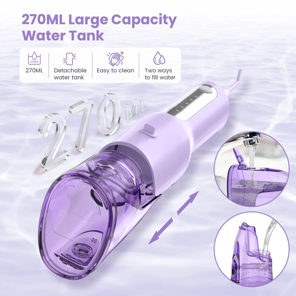 Cordless Water Flosser Dental Teeth Cleaner, Professional 270ML Tank USB Rechargeable Dental Oral Irrigator for Home and Travel, 5 Modes 5 Jet Tips, IPX7 Waterproof, Easy-To-Clean,Purple