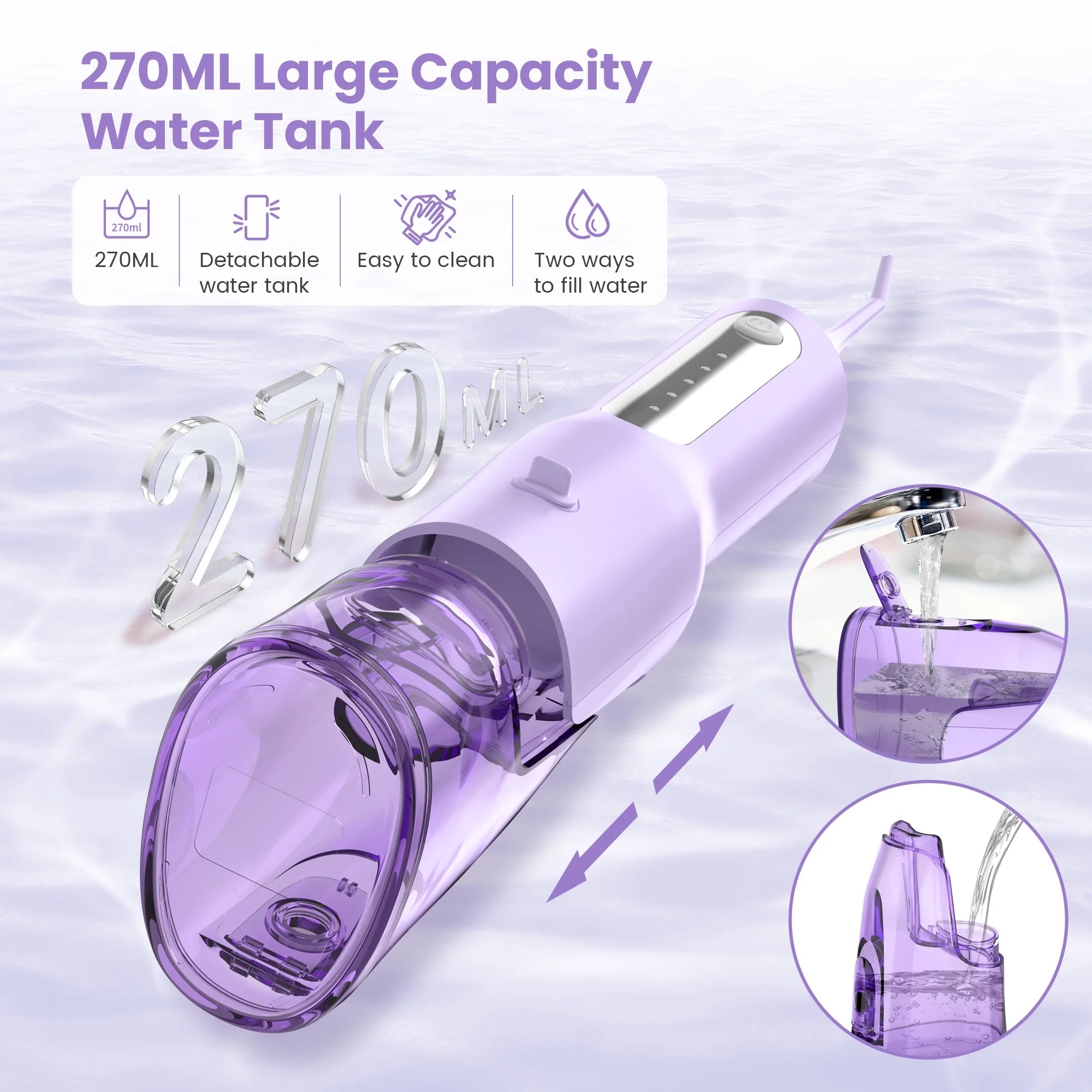 Cordless Water Flosser Dental Teeth Cleaner, Professional 270ML Tank USB Rechargeable Dental Oral Irrigator for Home and Travel, 5 Modes 5 Jet Tips, IPX7 Waterproof, Easy-To-Clean,Purple
