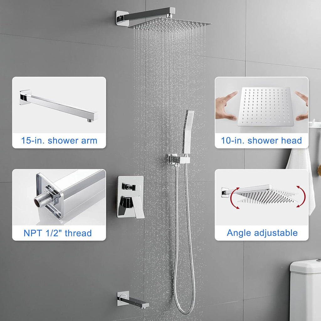 Bathtub Shower Faucet Set with Valve, Shower System with Tub Spout, 10-In. Rain Shower and Handheld, Square Shower Fixtures All Metal Wall Mount, Chrome
