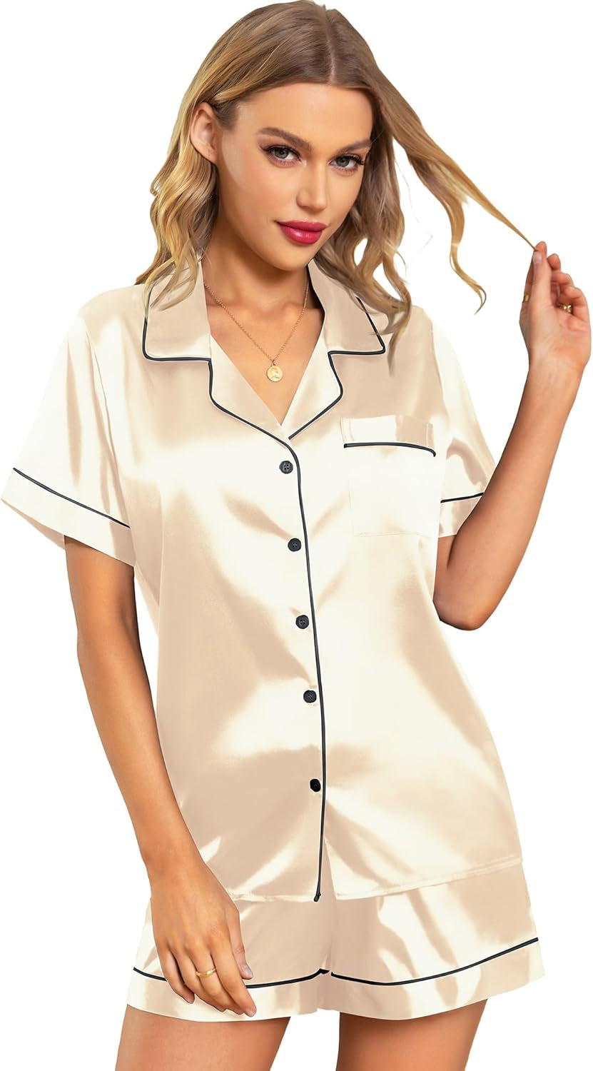 Silk Pajamas for Women Button down Pajamas Satin PJ Set Soft Sleepwear