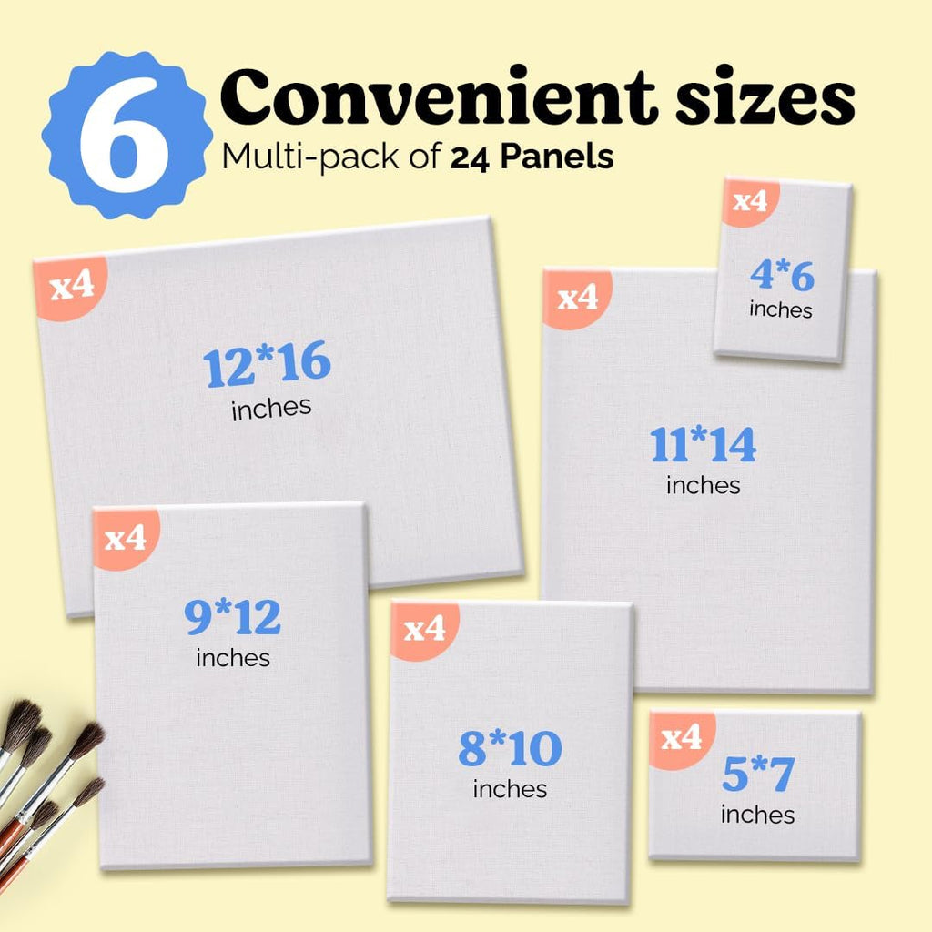 Paint Canvases for Painting Multipack - 24 Pack Blank Canvas Panels - 4X6, 5X7, 8X10, 9X12, 11X14, 12X16 Inch (4 Each) - 100% Cotton, Primed, Acid Free Art Canvas Boards for Painting