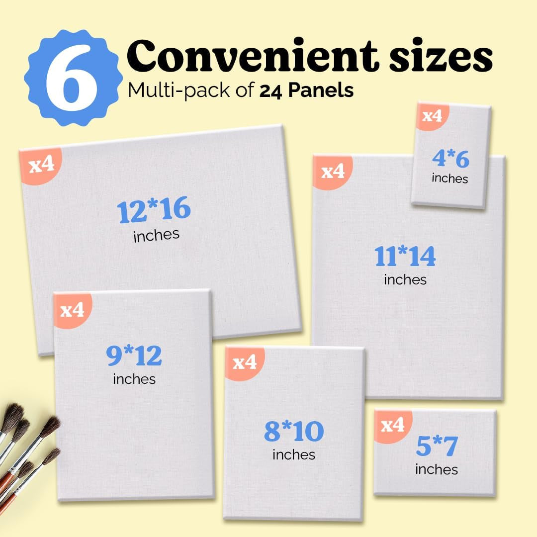 Paint Canvases for Painting Multipack - 24 Pack Blank Canvas Panels - 4X6, 5X7, 8X10, 9X12, 11X14, 12X16 Inch (4 Each) - 100% Cotton, Primed, Acid Free Art Canvas Boards for Painting