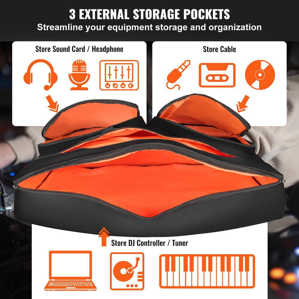 Padded DJ Mixer Gig Bag, 1200D Oxford Fabric, with Storage Pocket, 4.92 Ft. Removable Strap Black plus Orange