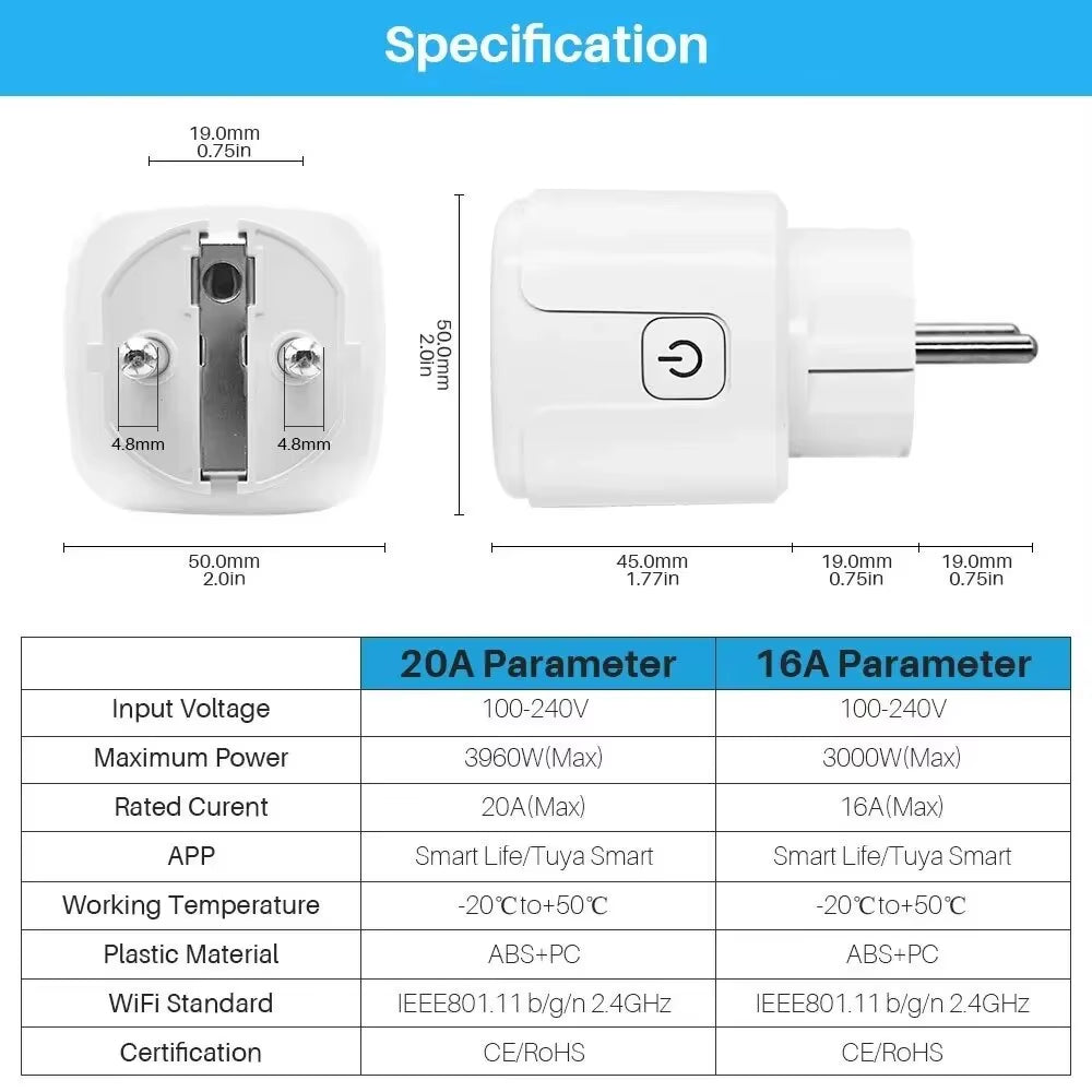 Tuya 16A 20A EU Smart Socket Wifi Smart Plug with Power Monitoring Timing Function Voice Control Alexa Google Assitant