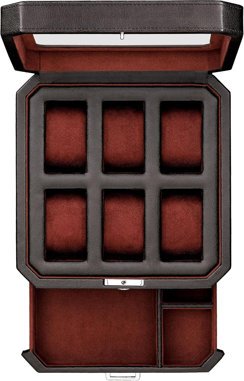 6 Slot Leather Watch Box with Valet Drawer - Luxury Watch Case Display Organizer, Microsuede Liner, Locking Mens Jewelry Watches Holder, Men'S Storage Boxes Holder Large Glass Top (Black/Red)