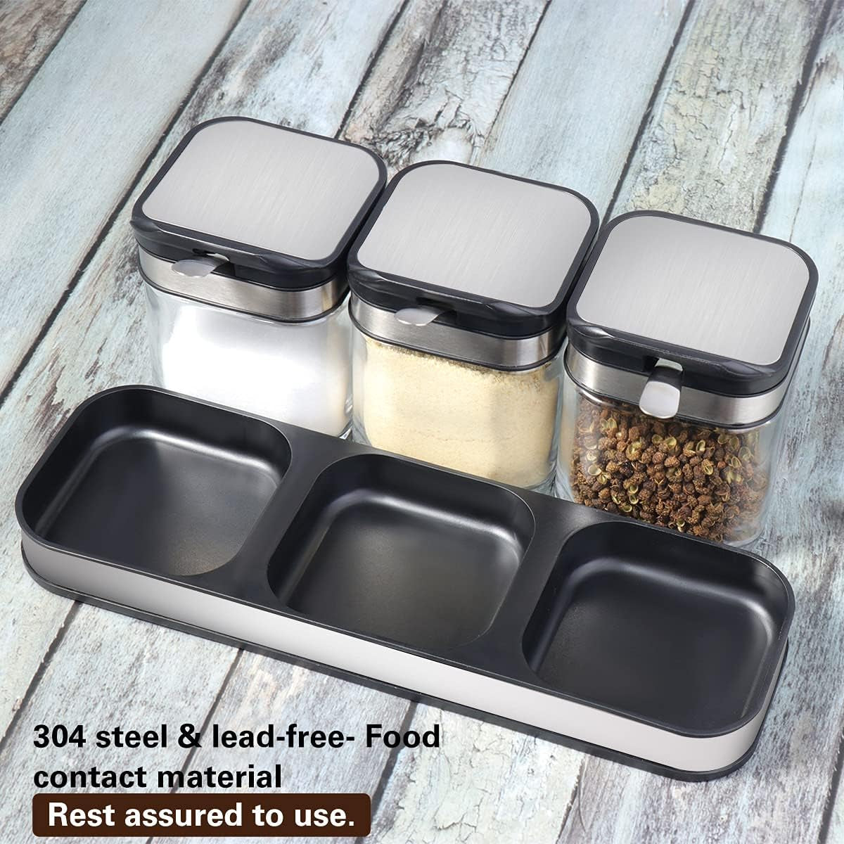 Condiment Seal Jar Spice Container with Lids and Spoons，Clear Glass Condiment Canisters Pots Seasoning Box Salt Container Sugar Bowl Set of .Used in Kitchen, Coffee Table,Set of 3