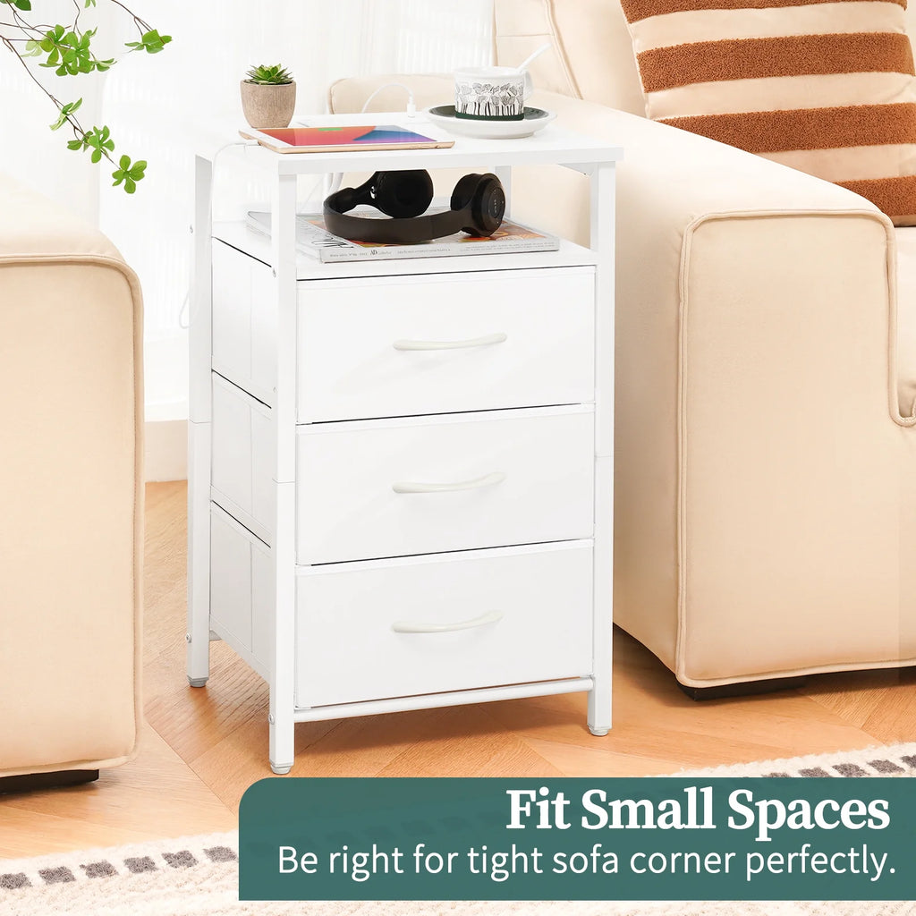 Night Stand with Charging Station, Nightstand with USB Ports & Outlets & LED, End Table with 3 Fabric Drawers and Storage Shelf, Bedside Tables Small Dresser for Small Space White