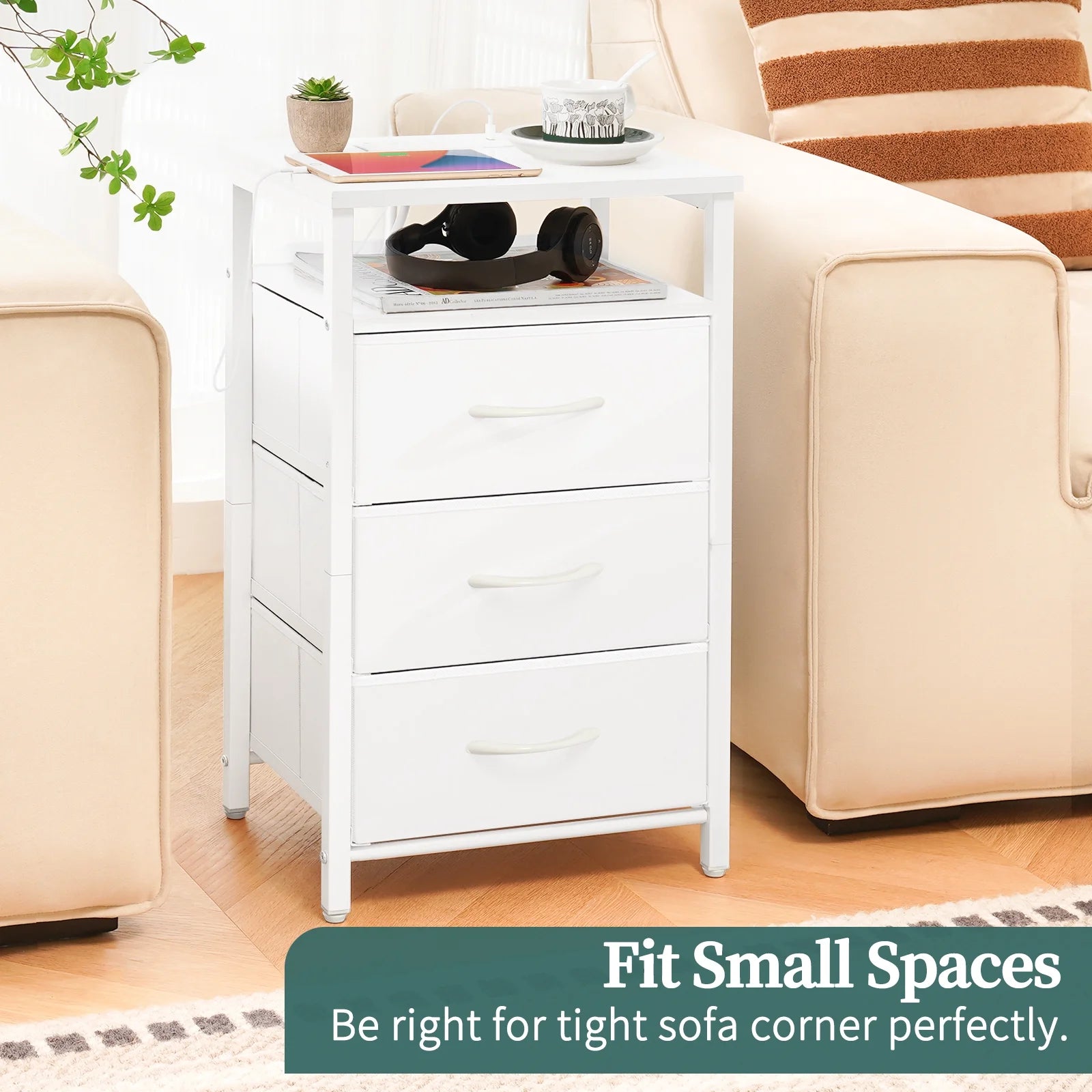 Night Stand with Charging Station, Nightstand with USB Ports & Outlets & LED, End Table with 3 Fabric Drawers and Storage Shelf, Bedside Tables Small Dresser for Small Space White