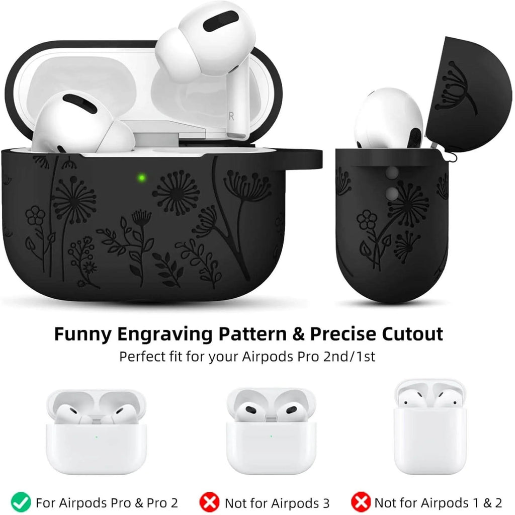 for Airpods Pro 2 Case, Flower Engraved Silicone Protective Case for Apple Airpod Pro 2Nd/1St Generation Case with Keychain for Women Men, Black
