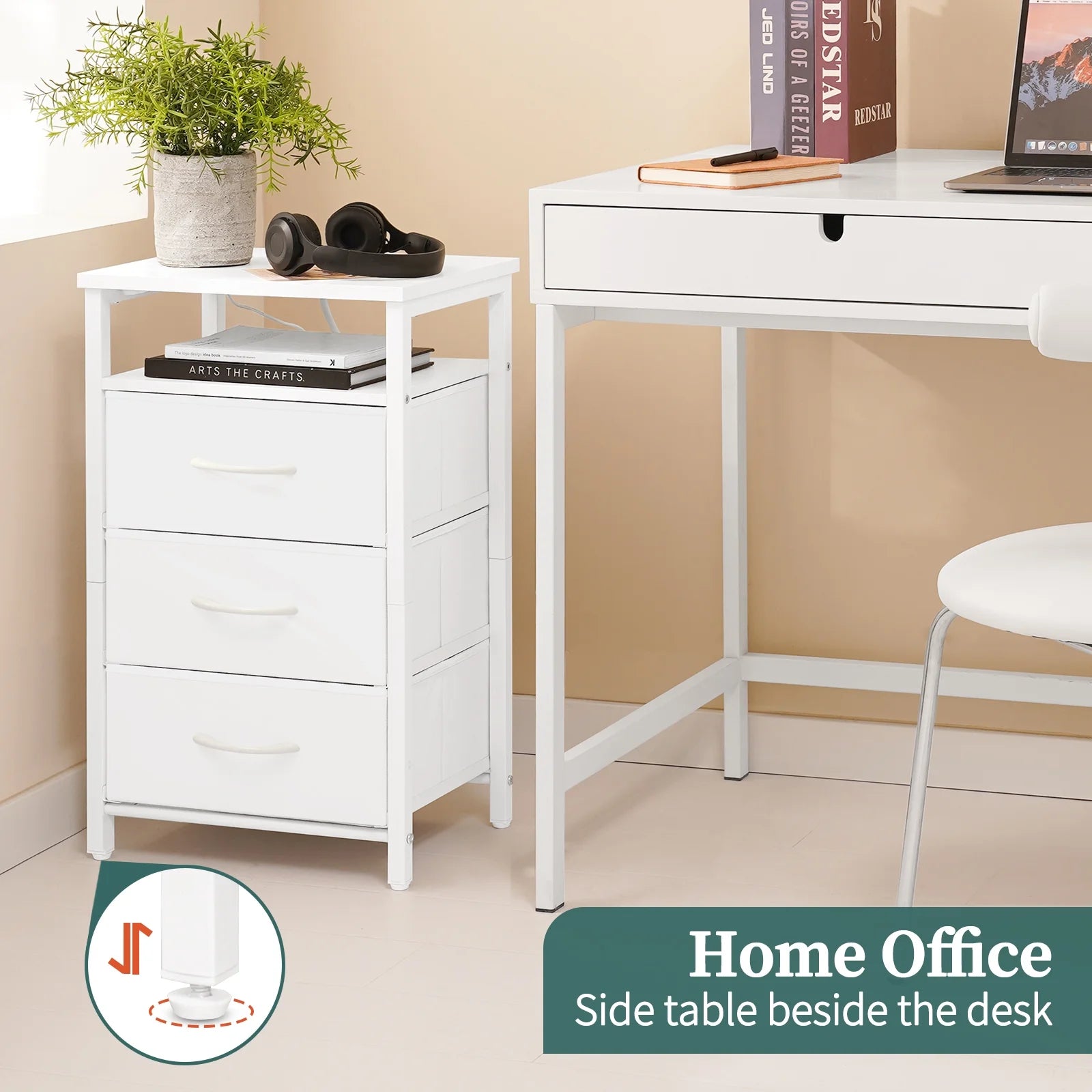 Night Stand with Charging Station, Nightstand with USB Ports & Outlets & LED, End Table with 3 Fabric Drawers and Storage Shelf, Bedside Tables Small Dresser for Small Space White