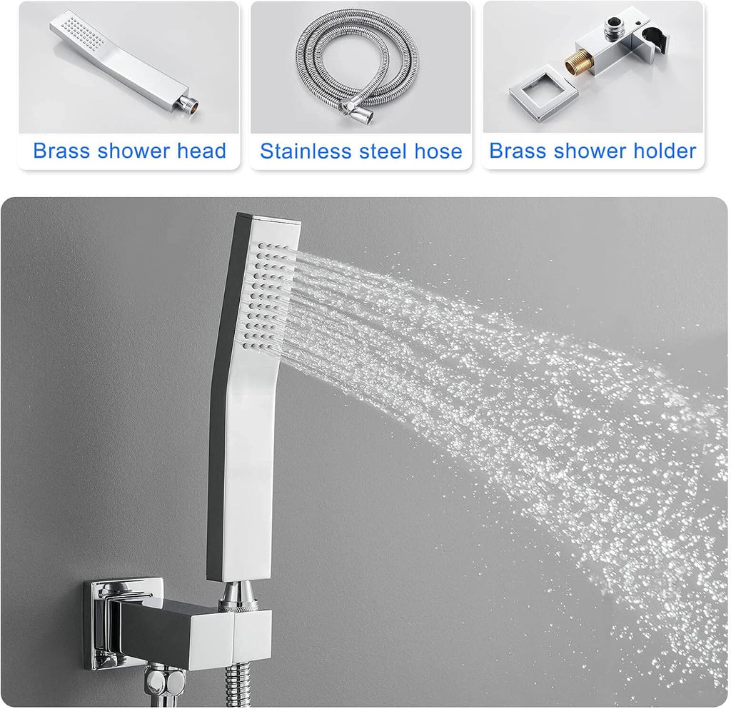 Bathtub Shower Faucet Set with Valve, Shower System with Tub Spout, 10-In. Rain Shower and Handheld, Square Shower Fixtures All Metal Wall Mount, Chrome