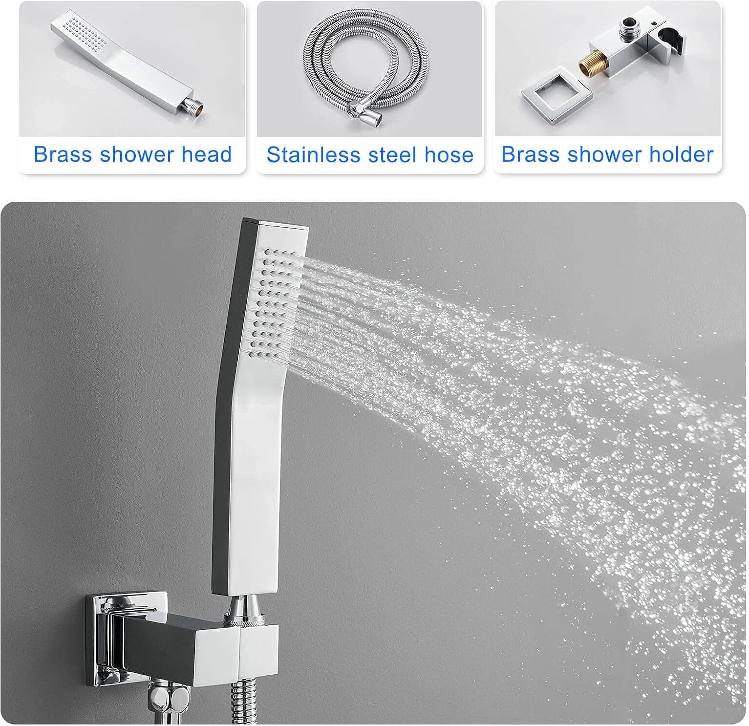 Bathtub Shower Faucet Set with Valve, Shower System with Tub Spout, 10-In. Rain Shower and Handheld, Square Shower Fixtures All Metal Wall Mount, Chrome
