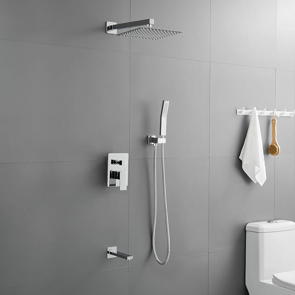 Bathtub Shower Faucet Set with Valve, Shower System with Tub Spout, 10-In. Rain Shower and Handheld, Square Shower Fixtures All Metal Wall Mount, Chrome