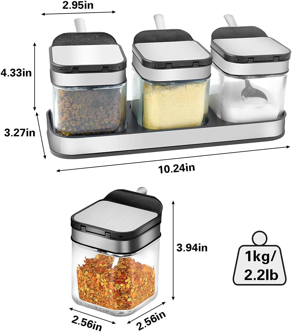Condiment Seal Jar Spice Container with Lids and Spoons，Clear Glass Condiment Canisters Pots Seasoning Box Salt Container Sugar Bowl Set of .Used in Kitchen, Coffee Table,Set of 3