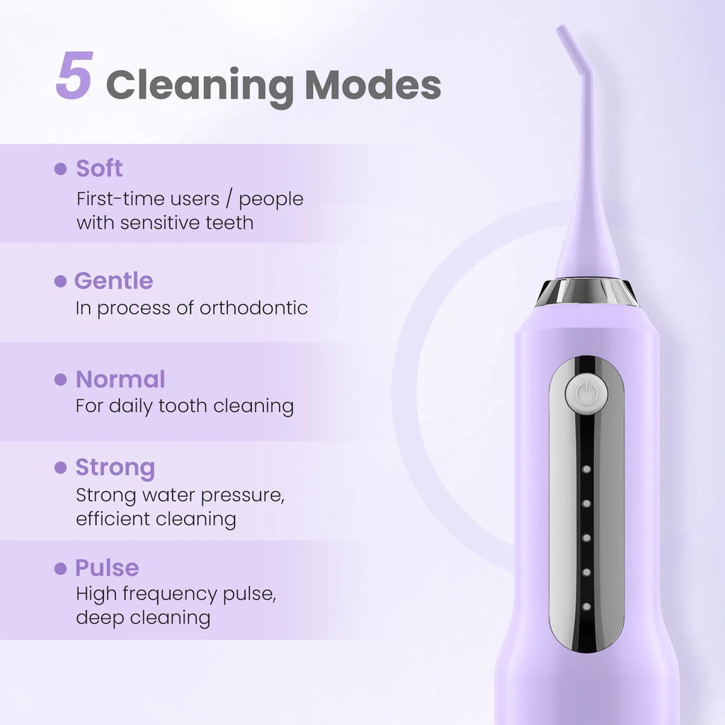 Cordless Water Flosser Dental Teeth Cleaner, Professional 270ML Tank USB Rechargeable Dental Oral Irrigator for Home and Travel, 5 Modes 5 Jet Tips, IPX7 Waterproof, Easy-To-Clean,Purple