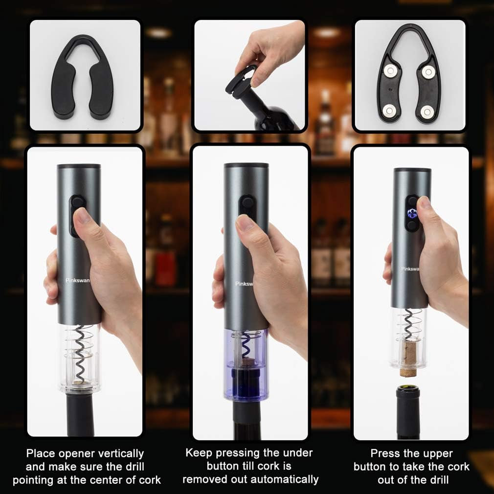 Electric Wine Opener Gift Kit for Wine Lover, Cordless Bottle Opener Automatic Corkscrew for Wine Enthusiast, Set Includes Electric Opener, Foil Cutter, Wine Pourer Disk Spout(Black)