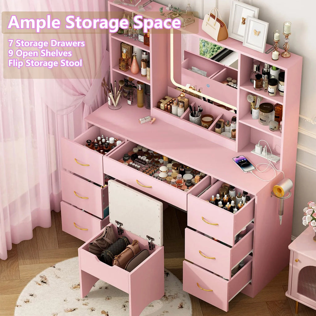 47" Large Vanity Desk with LED Lighted Mirror & Power Outlet & 7 Drawers, Makeup Vanity Table Set with Storage Stool and Hair Dryer Rack, Pink