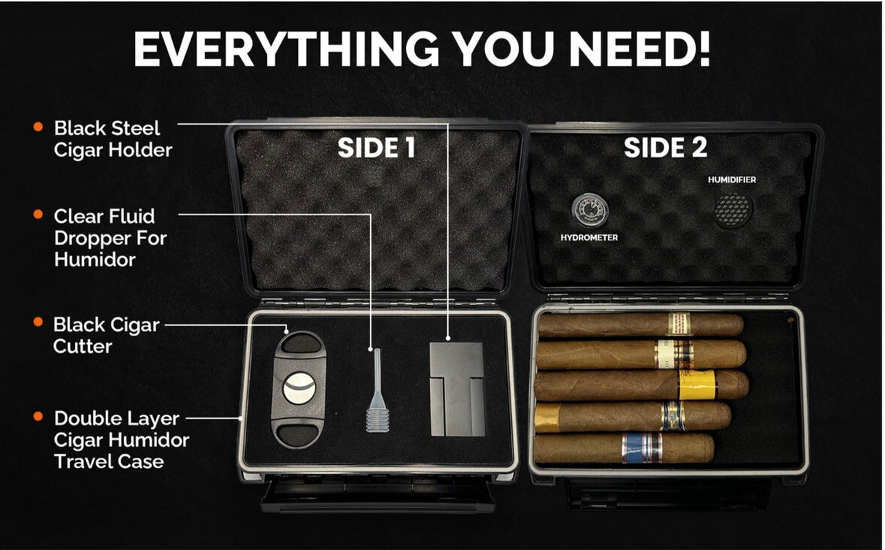 Cigar Case Box Travel Humidor Double Sided Cutter Stand Hygrometer 5 or 10 Cigar