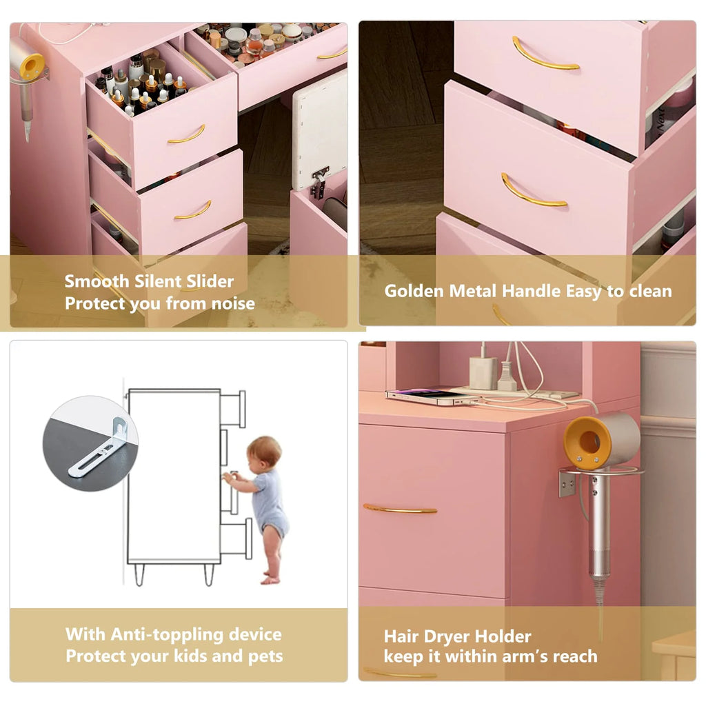47" Large Vanity Desk with LED Lighted Mirror & Power Outlet & 7 Drawers, Makeup Vanity Table Set with Storage Stool and Hair Dryer Rack, Pink