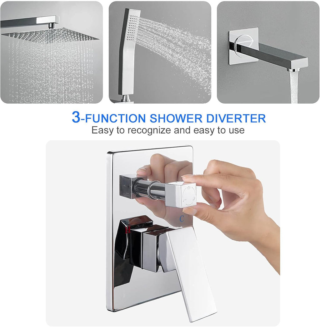 Bathtub Shower Faucet Set with Valve, Shower System with Tub Spout, 10-In. Rain Shower and Handheld, Square Shower Fixtures All Metal Wall Mount, Chrome