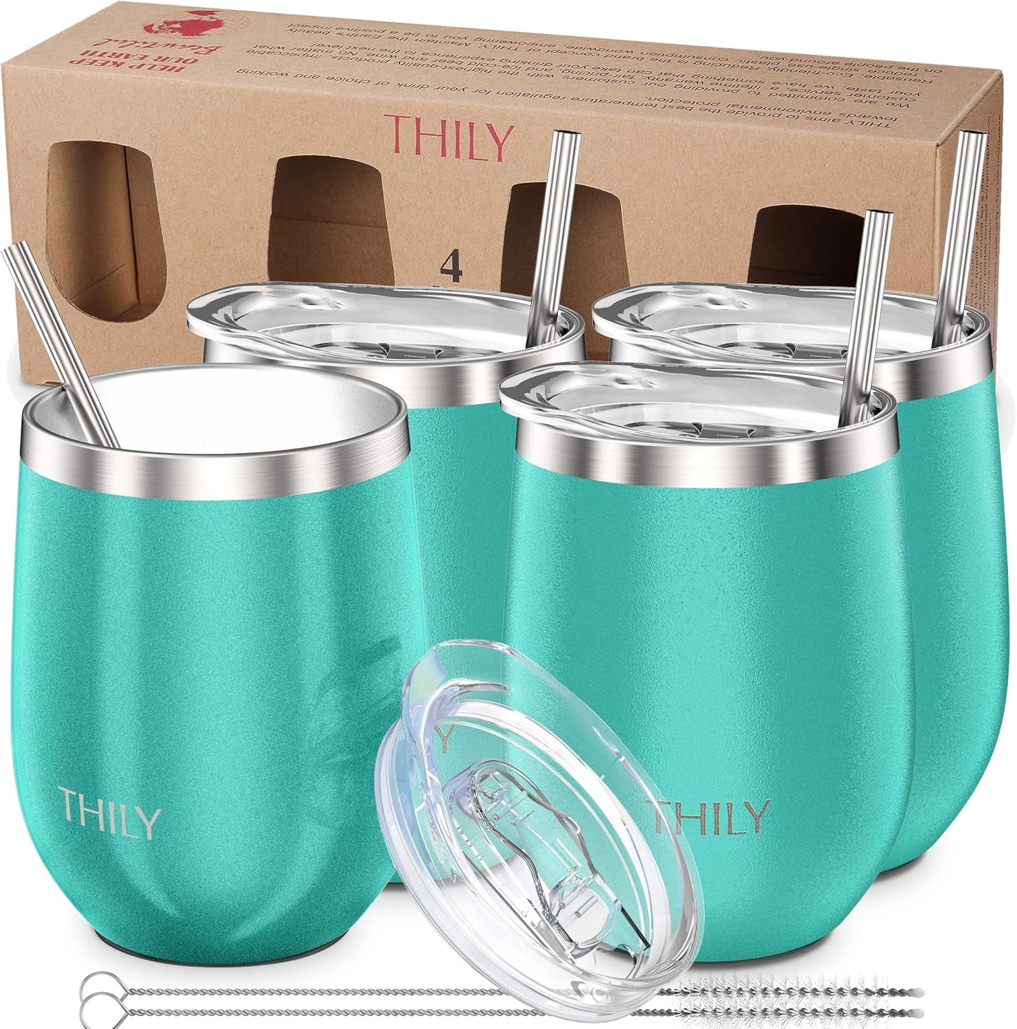 Stainless Steel Stemless Wine Glasses 4 Pack Vacuum Insulated Cute Travel Wine Tumbler Set with Splash-Proof Lids, Reusable Straws, Keep Cold & Hot for Wine, Coffee, Teal