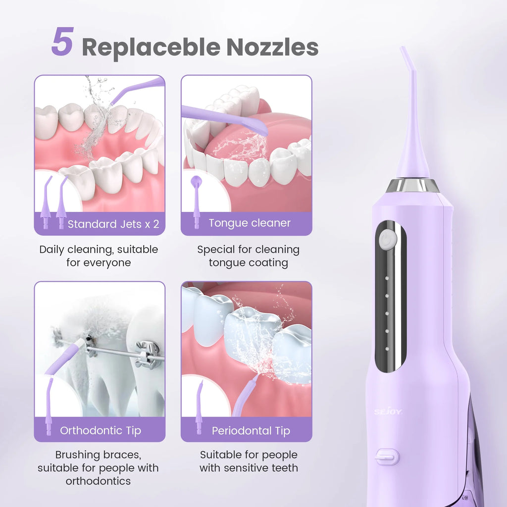 Cordless Water Flosser Dental Teeth Cleaner, Professional 270ML Tank USB Rechargeable Dental Oral Irrigator for Home and Travel, 5 Modes 5 Jet Tips, IPX7 Waterproof, Easy-To-Clean,Purple