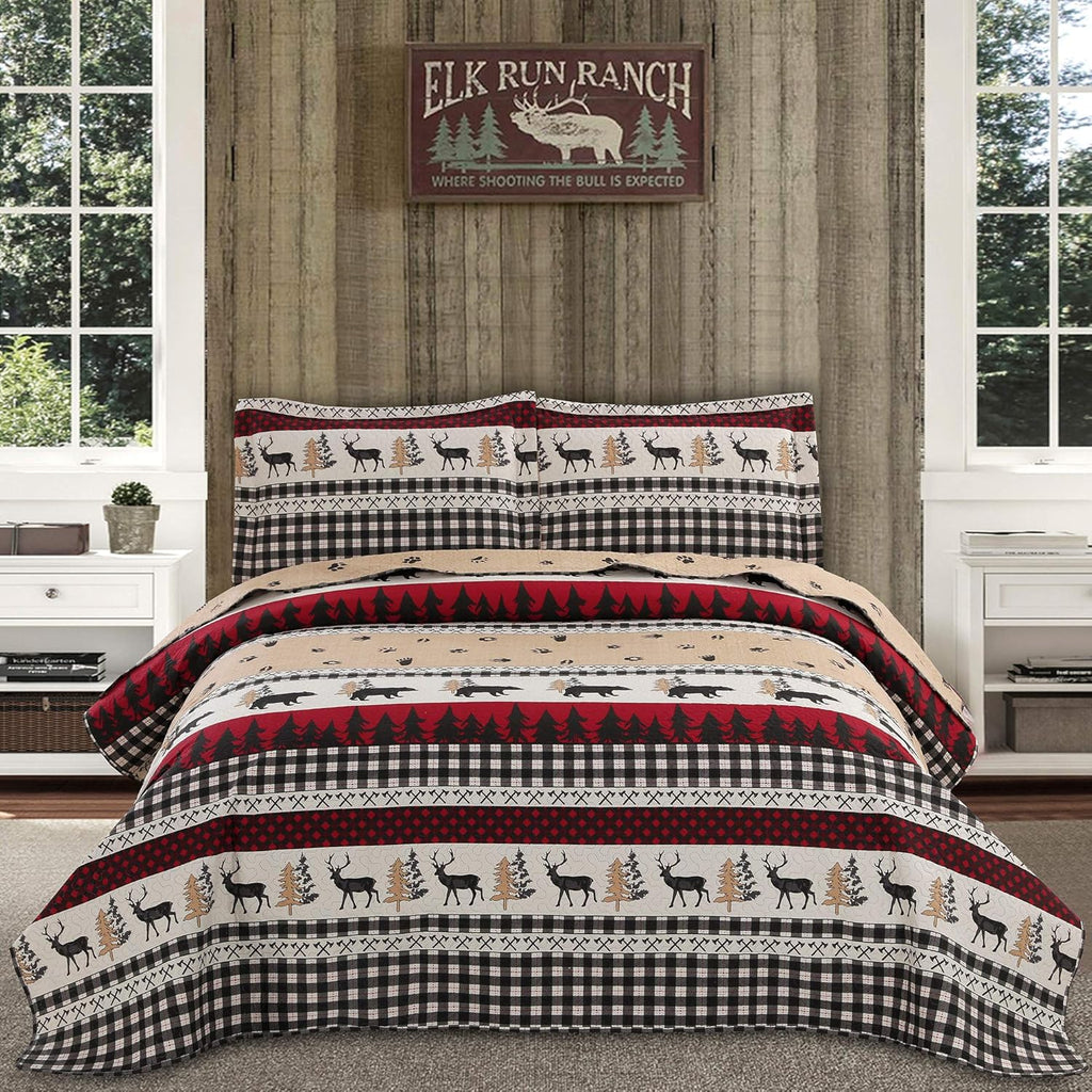 Rustic Quilt Bedding Set King Size Bedspread Coverlet Country Quilts Lodge Cabin Bedding Black White Buffalo Plaid Quilts Forest Elk Moose Lightweight Reversible Quilt Bed Spread with 2 Pillow Shams