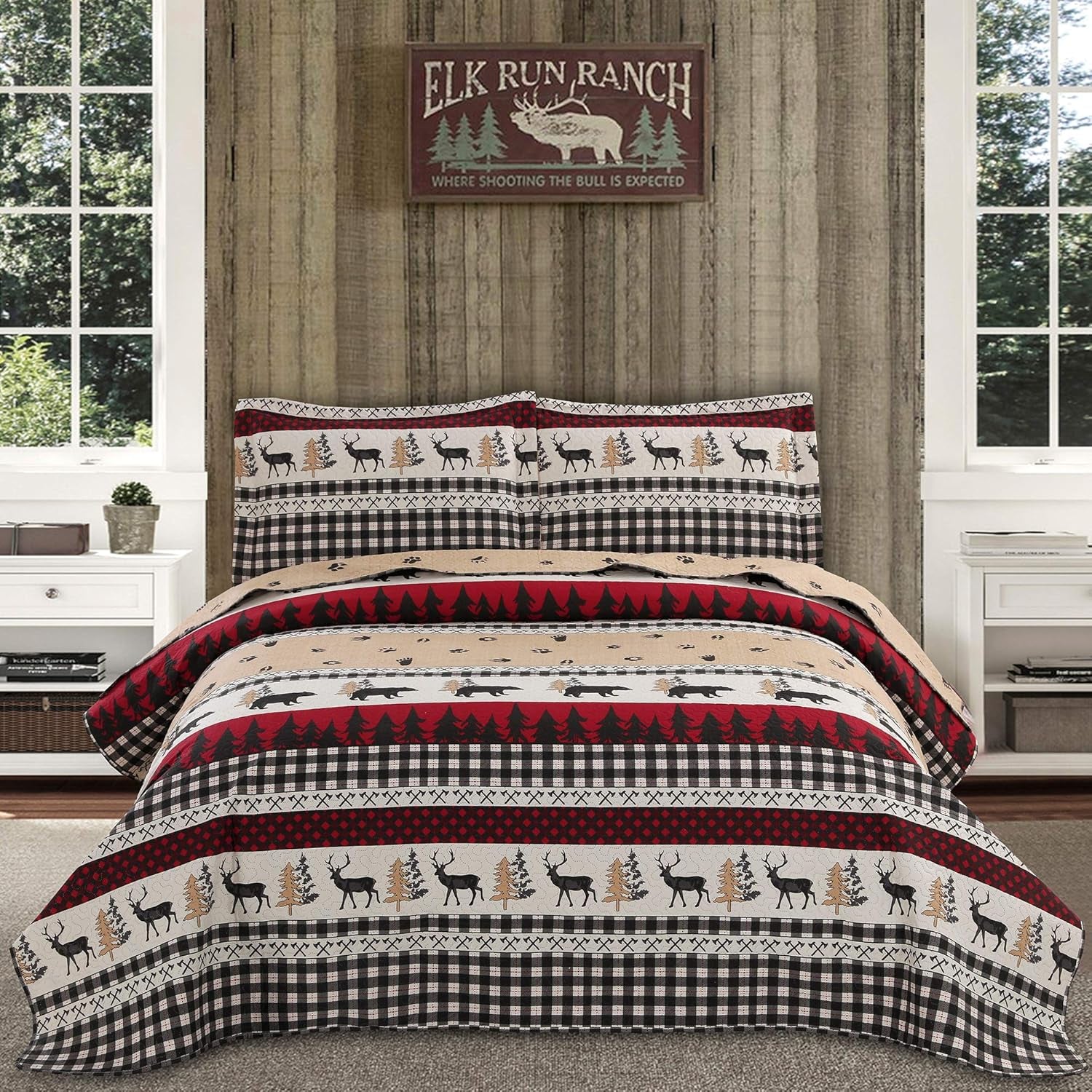 Rustic Quilt Bedding Set King Size Bedspread Coverlet Country Quilts Lodge Cabin Bedding Black White Buffalo Plaid Quilts Forest Elk Moose Lightweight Reversible Quilt Bed Spread with 2 Pillow Shams