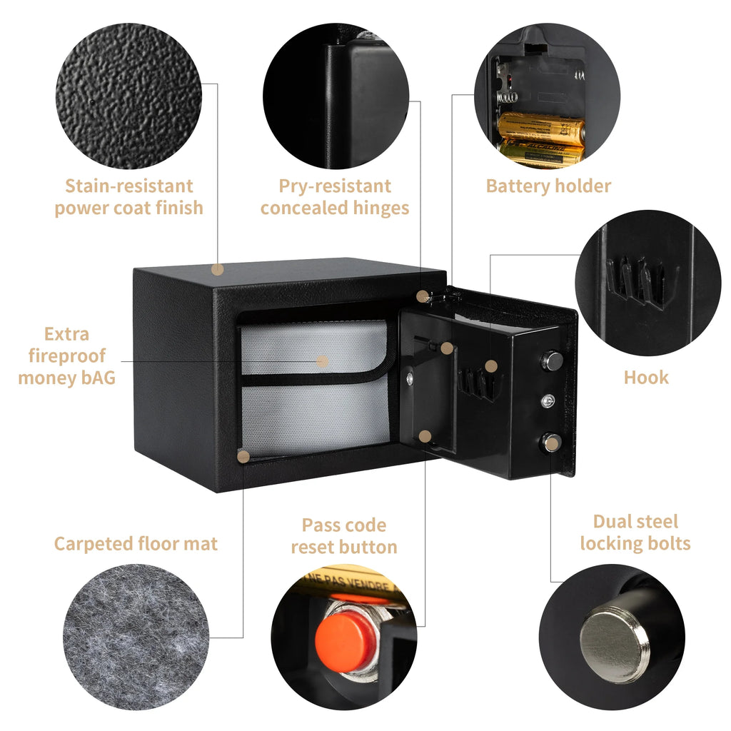 0.25 Cubic Feet Electronic Digital Safe Box, Steel Money Safe Box for Home with Fireproof Money Bag for Cash Safe Hidden