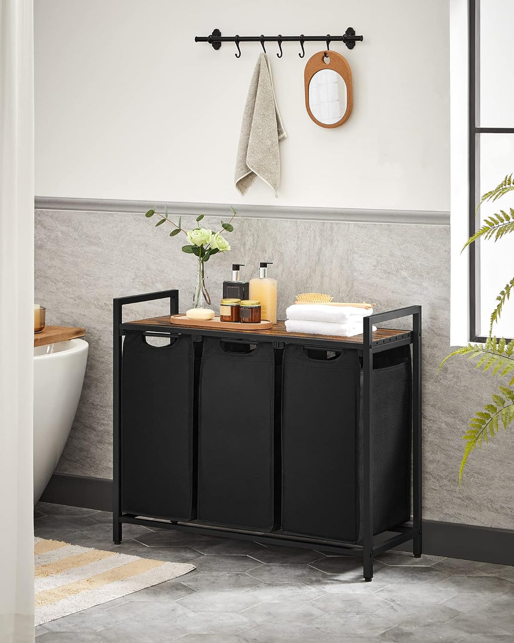 Laundry Hamper, Laundry Basket, Laundry Sorter with 3 Pull-Out and Removable Bags, Shelf, Metal Frame, 3 X 10.6 Gallons (40 L), 36.4 X 13 X 28.4 Inches, Ink Black and Rustic Brown UBLH301B01