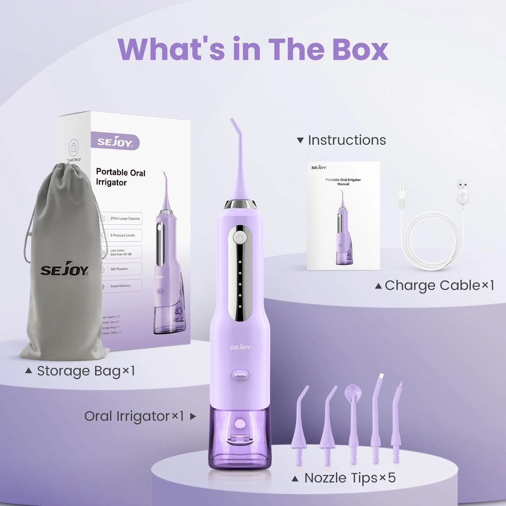Cordless Water Flosser Dental Teeth Cleaner, Professional 270ML Tank USB Rechargeable Dental Oral Irrigator for Home and Travel, 5 Modes 5 Jet Tips, IPX7 Waterproof, Easy-To-Clean,Purple